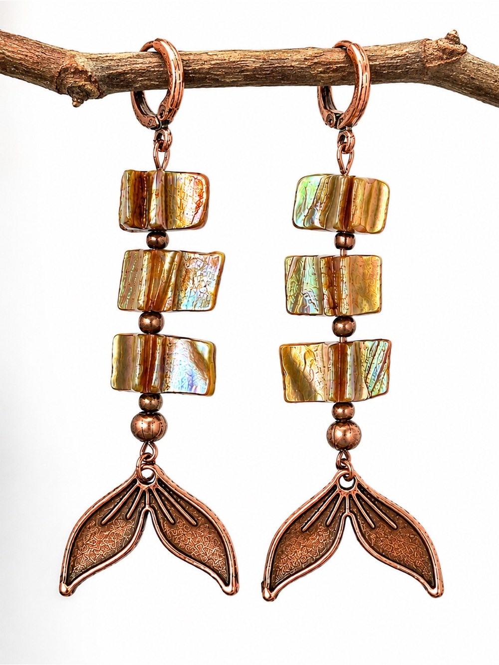 Copper Mermaid Tail Mother of Pearl Dangle Earrings Boho Beach